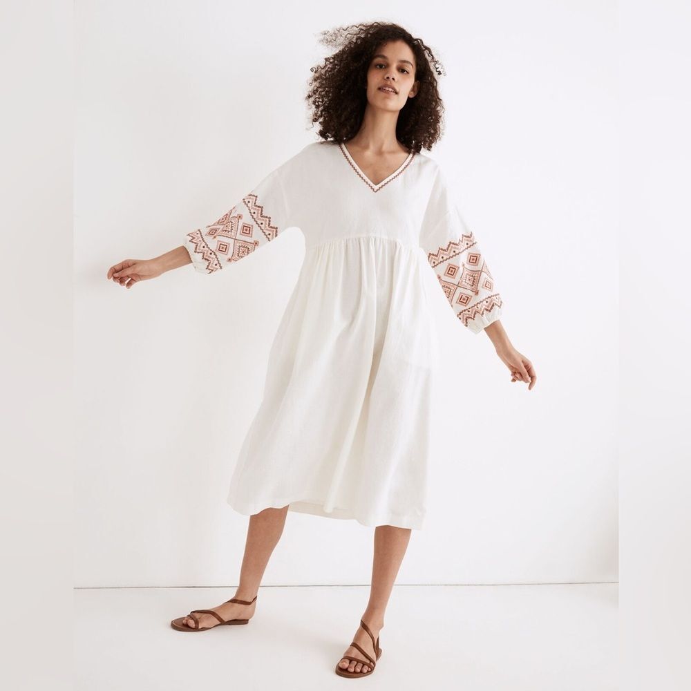 Madewell Embroidered-Sleeve White Popover Midi Dress - S ~ $138